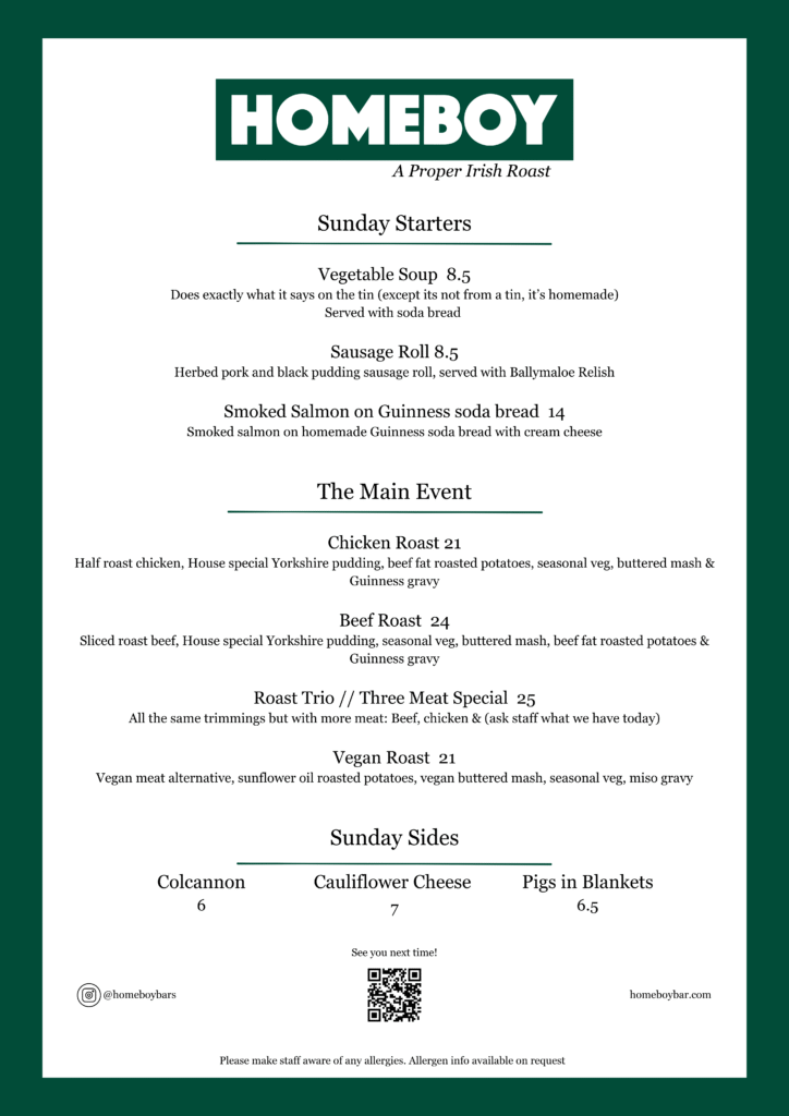 sunday roast menu